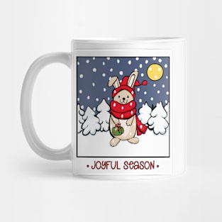 Joyful season, Christmas card with a cute rabbit in snowy forest Mug